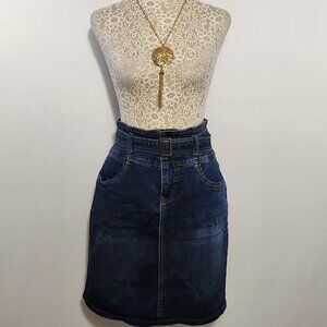 One 5 One Women's Size Medium Blue Denim Zip Front Belted Pockets Skirt Casual